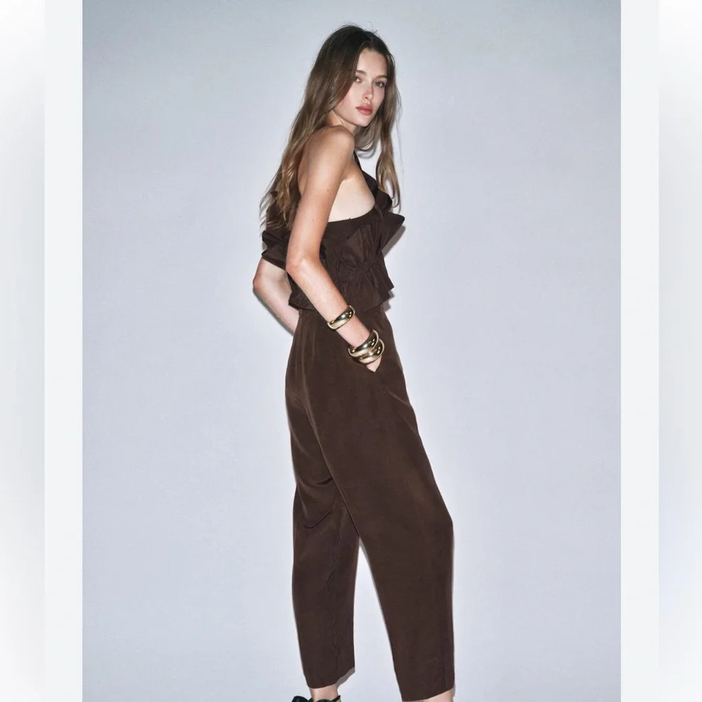 Zara NWT brown asymmetrical linen blend ruffle jumpsuit 8460/501 - Picture 4 of 7